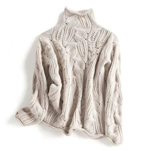 Women's Cable-Knit Turtleneck Sweater Relaxed Fit — Beige — Alfa Empire, view 2