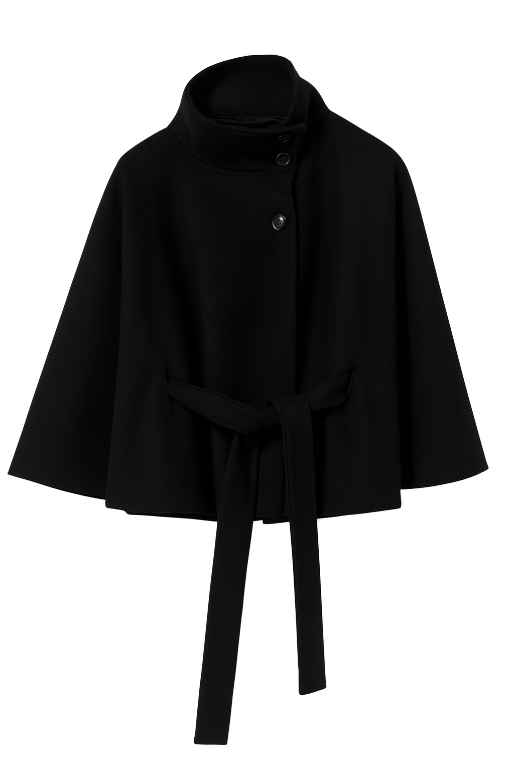 Women's Cape Coat with Belt and Button Closure — Black — Alfa Empire, view 1