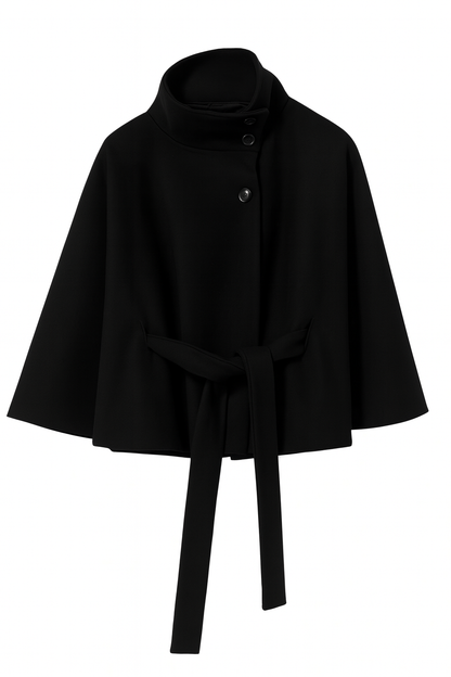 Women's Cape Coat with Belt and Button Closure — Black — Alfa Empire, view 1