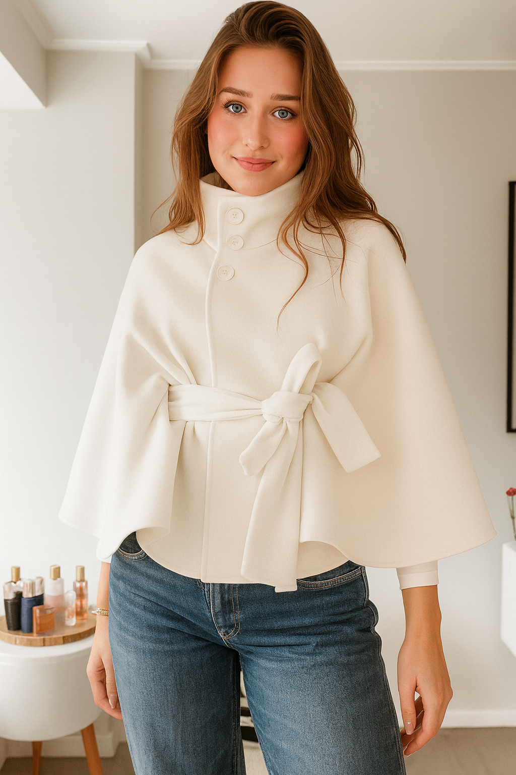 Women's Cape Coat with Belt and Button Closure — Alfa Empire, view 5