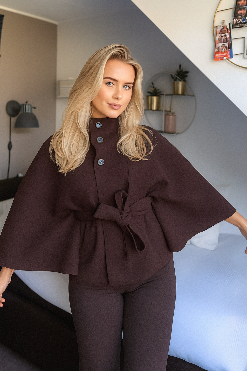 Women's Cape Coat with Belt and Button Closure — Alfa Empire, view 11