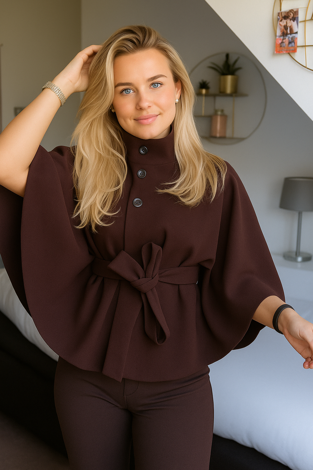 Women's Cape Coat with Belt and Button Closure — Alfa Empire, view 12