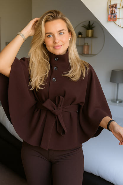 Women's Cape Coat with Belt and Button Closure — Alfa Empire, view 12