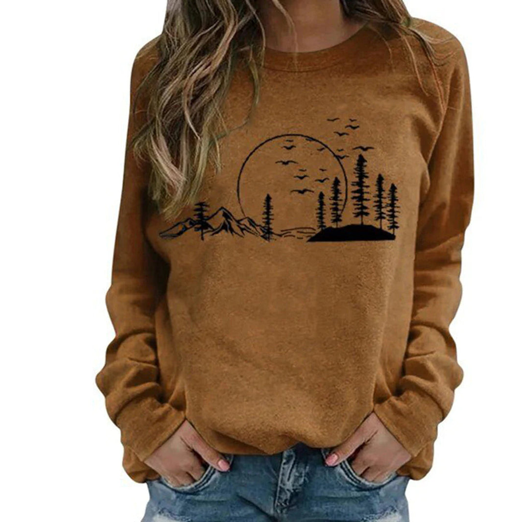 Women's Crewneck Sweatshirt with Nature Graphic Print — Brown — Alfa Empire, view 1