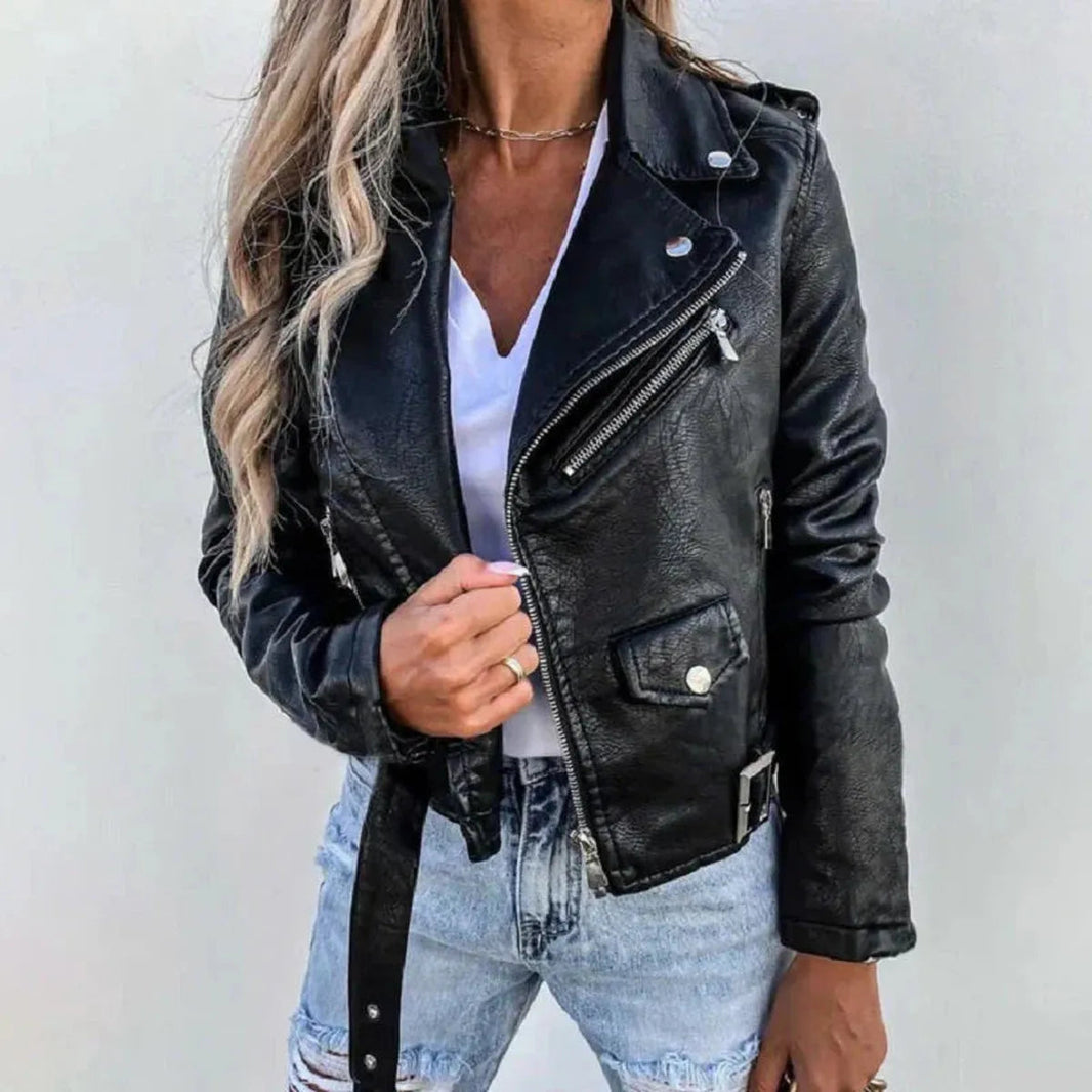 Women's Cropped Biker Jacket with Asymmetric Zip Front — Black — Alfa Empire, view 1