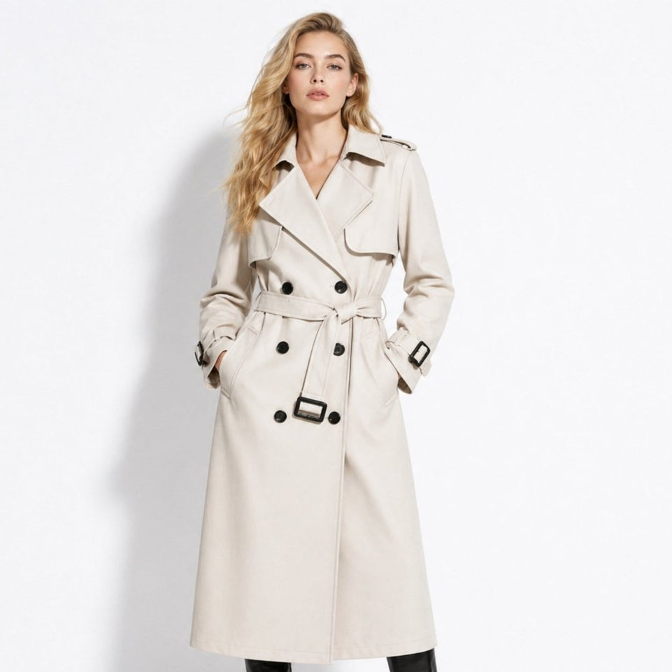 Women's Double-Breasted Belted Trench Coat Oversized Fit — Ivory — Alfa Empire, view 1