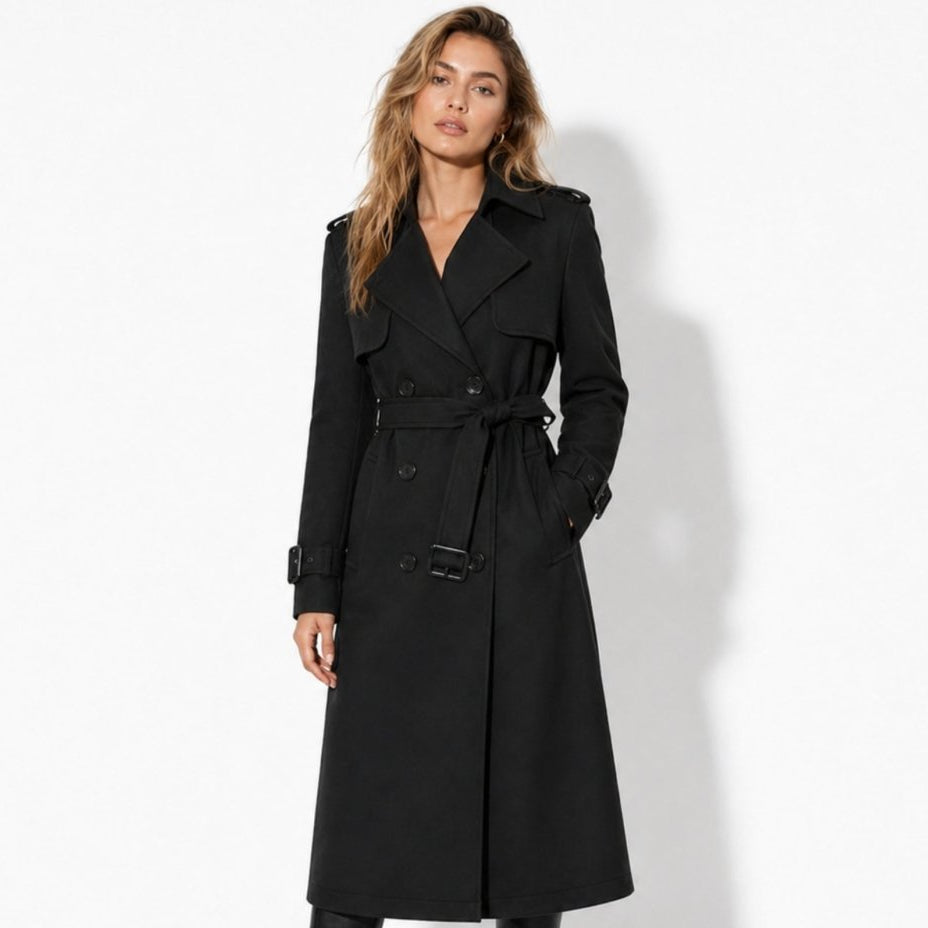 Women's Double-Breasted Belted Trench Coat Oversized Fit — Black — Alfa Empire, view 3