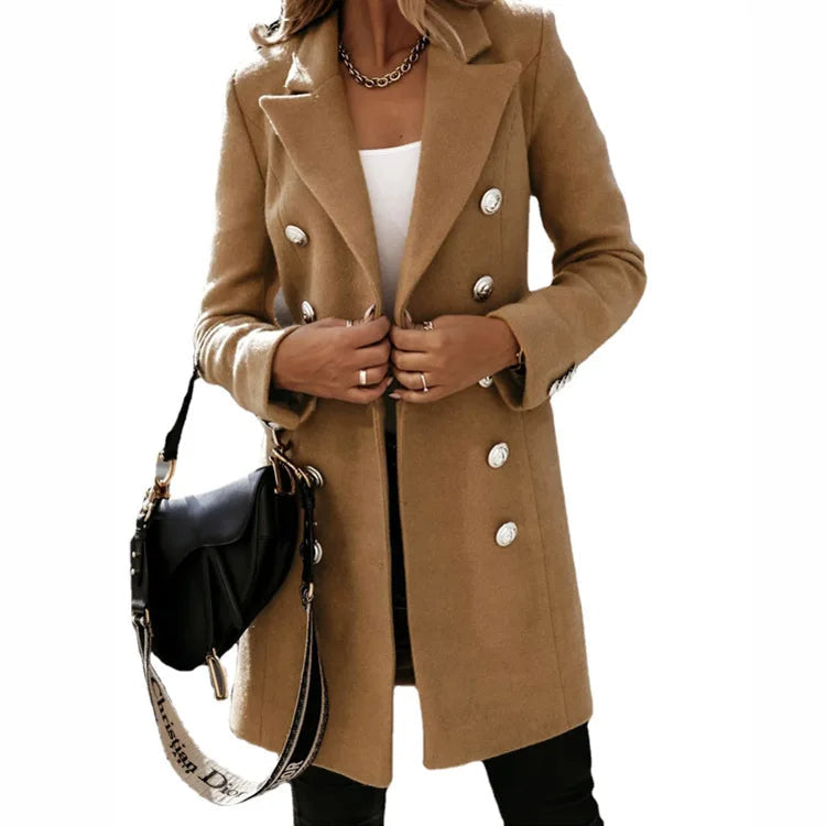 Women's Double-Breasted Long Coat with Lapel Collar — Khaki — Alfa Empire, view 3