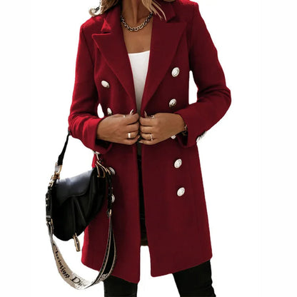 Women's Double-Breasted Long Coat with Lapel Collar — Burgundy — Alfa Empire, view 4