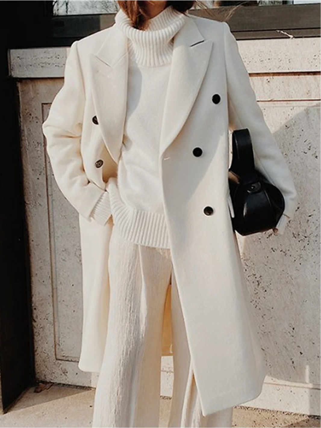 Women's Double-Breasted Long Wool Coat with Belt — White — Alfa Empire, view 1
