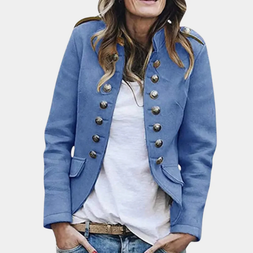 Women's Double-Breasted Military Jacket with Button Detail — Light Blue — Alfa Empire, view 1
