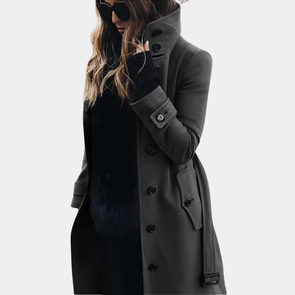 Women's Double-Breasted Trench Coat with Belt — Dark Gray — Alfa Empire, view 2