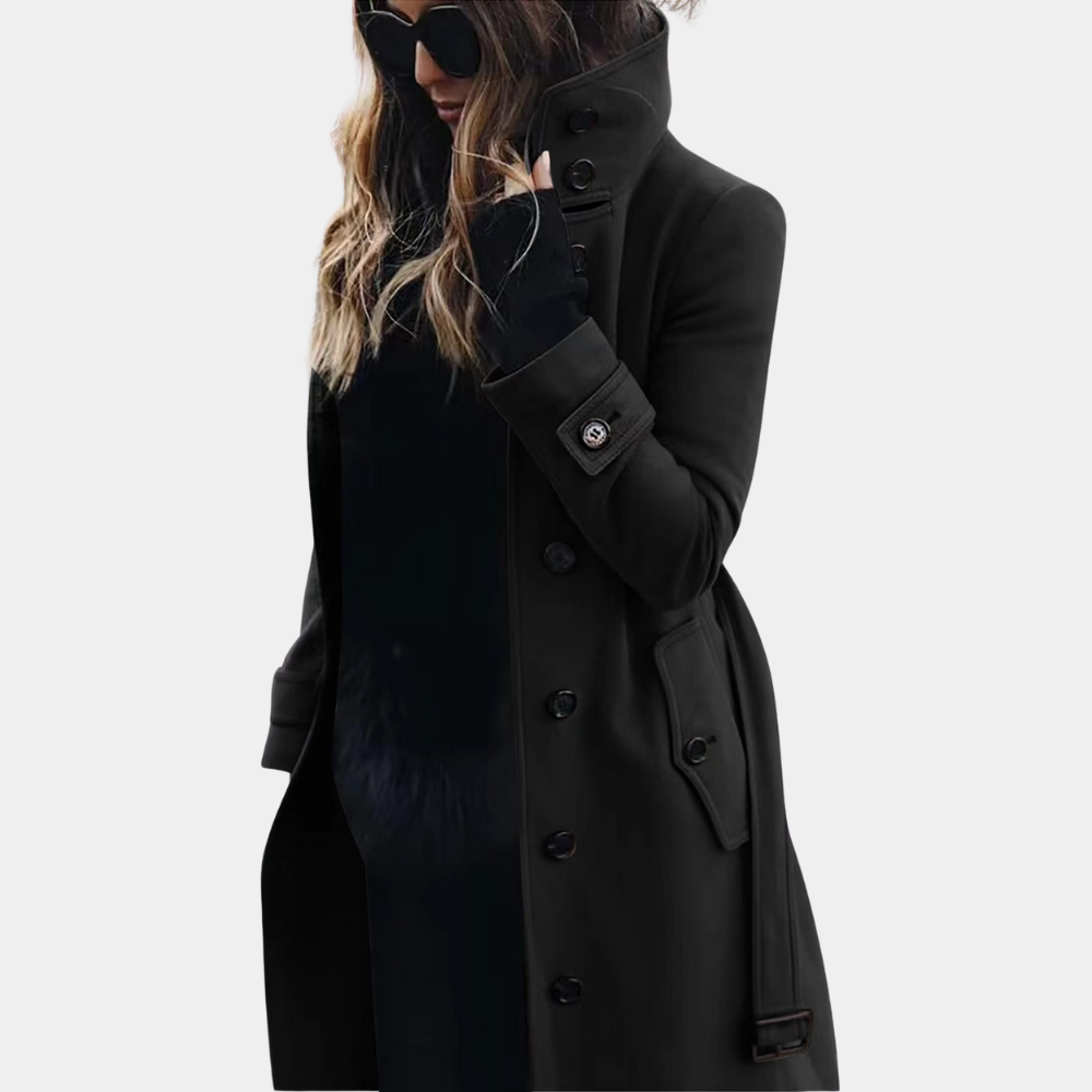 Women's Double-Breasted Trench Coat with Belt — Black — Alfa Empire, view 4