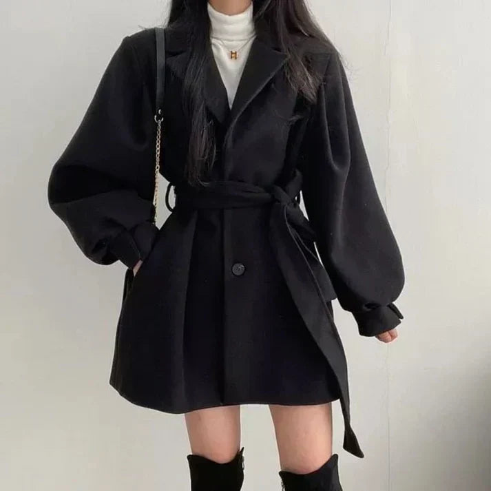 Women's Double-Breasted Wrap Coat with Tie Belt — Black — Alfa Empire, view 1