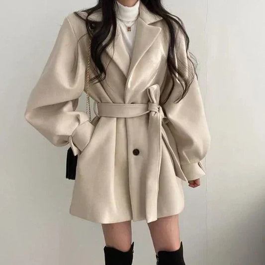 Women's Double-Breasted Wrap Coat with Tie Belt — Beige — Alfa Empire, view 2