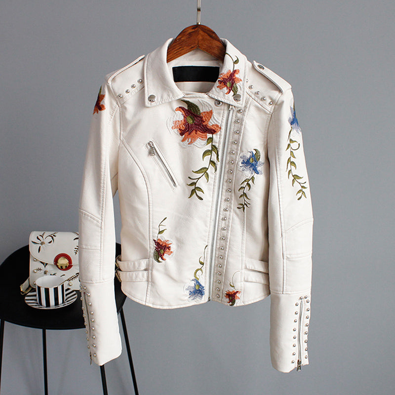 Women's Embroidered Moto Jacket with Floral Details — White — Alfa Empire, view 1