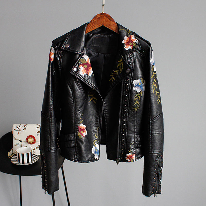 Women's Embroidered Moto Jacket with Floral Details — Black — Alfa Empire, view 2