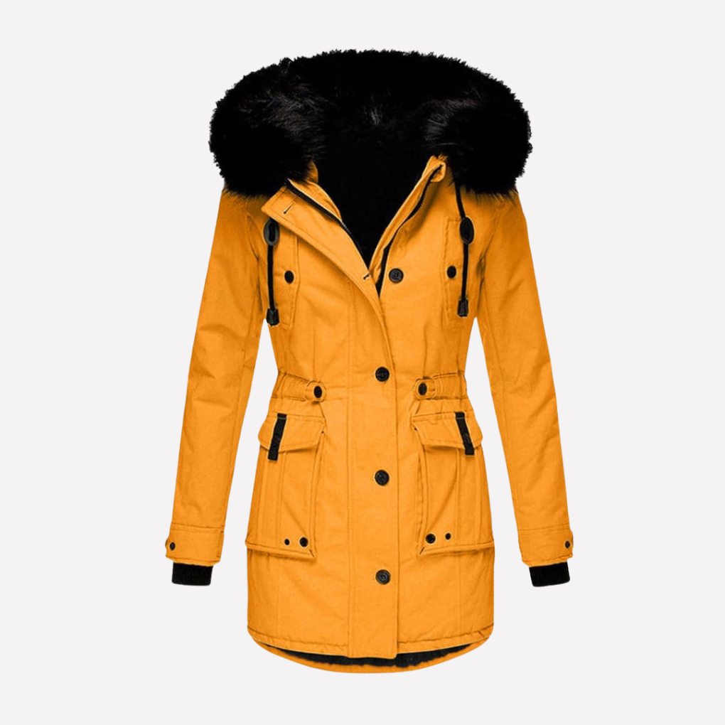 Women's Hooded Parka Jacket with Faux Fur Trim and Flap Pockets — Gold — Alfa Empire, view 1