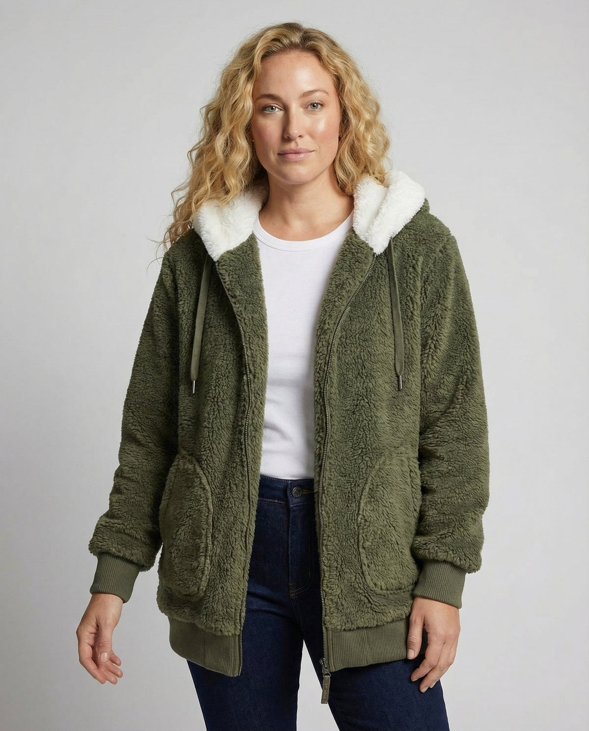 Women's Hooded Sherpa Jacket Full Zip with Drawstrings — Olive — Alfa Empire, view 1