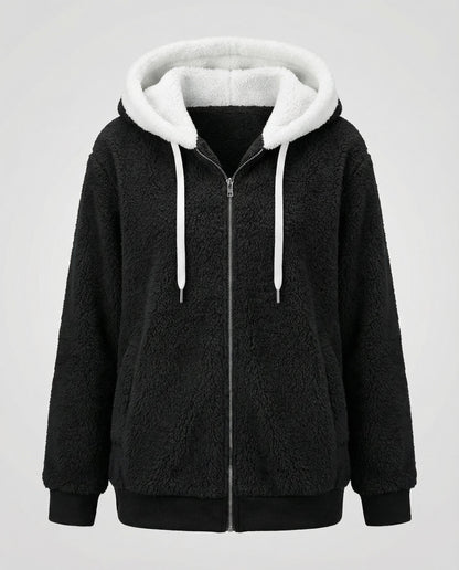 Women's Hooded Sherpa Jacket Full Zip with Drawstrings — Black — Alfa Empire, view 2