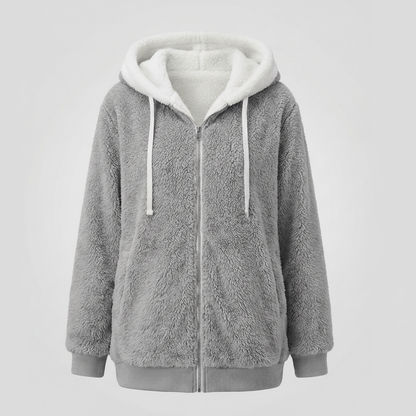 Women's Hooded Sherpa Jacket Full Zip with Drawstrings — Light Gray — Alfa Empire, view 4