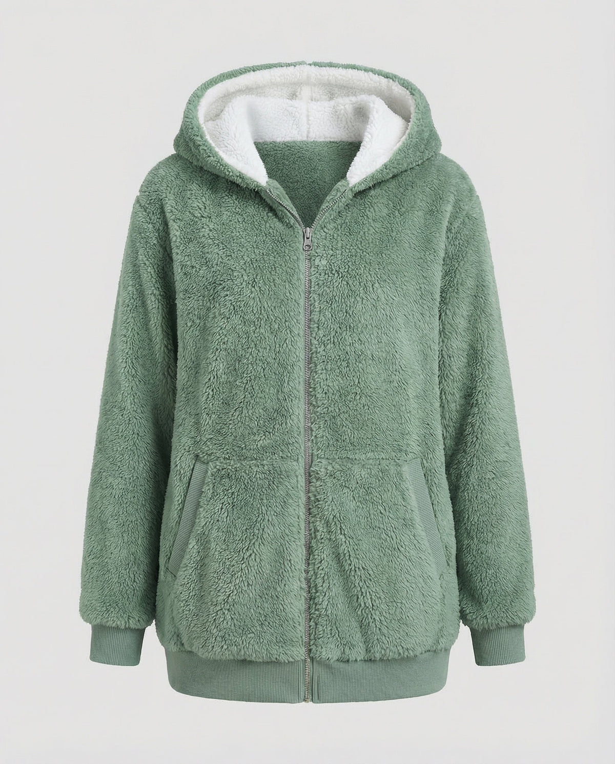 Women's Hooded Sherpa Jacket Full Zip with Drawstrings — Pine Green — Alfa Empire, view 6