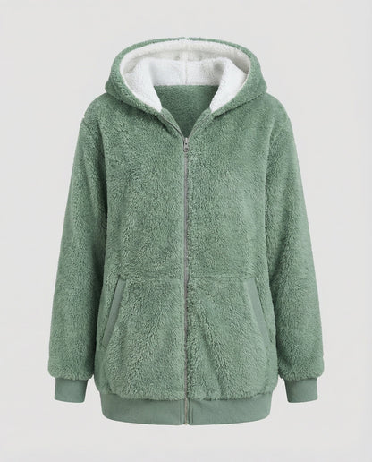 Women's Hooded Sherpa Jacket Full Zip with Drawstrings — Pine Green — Alfa Empire, view 6