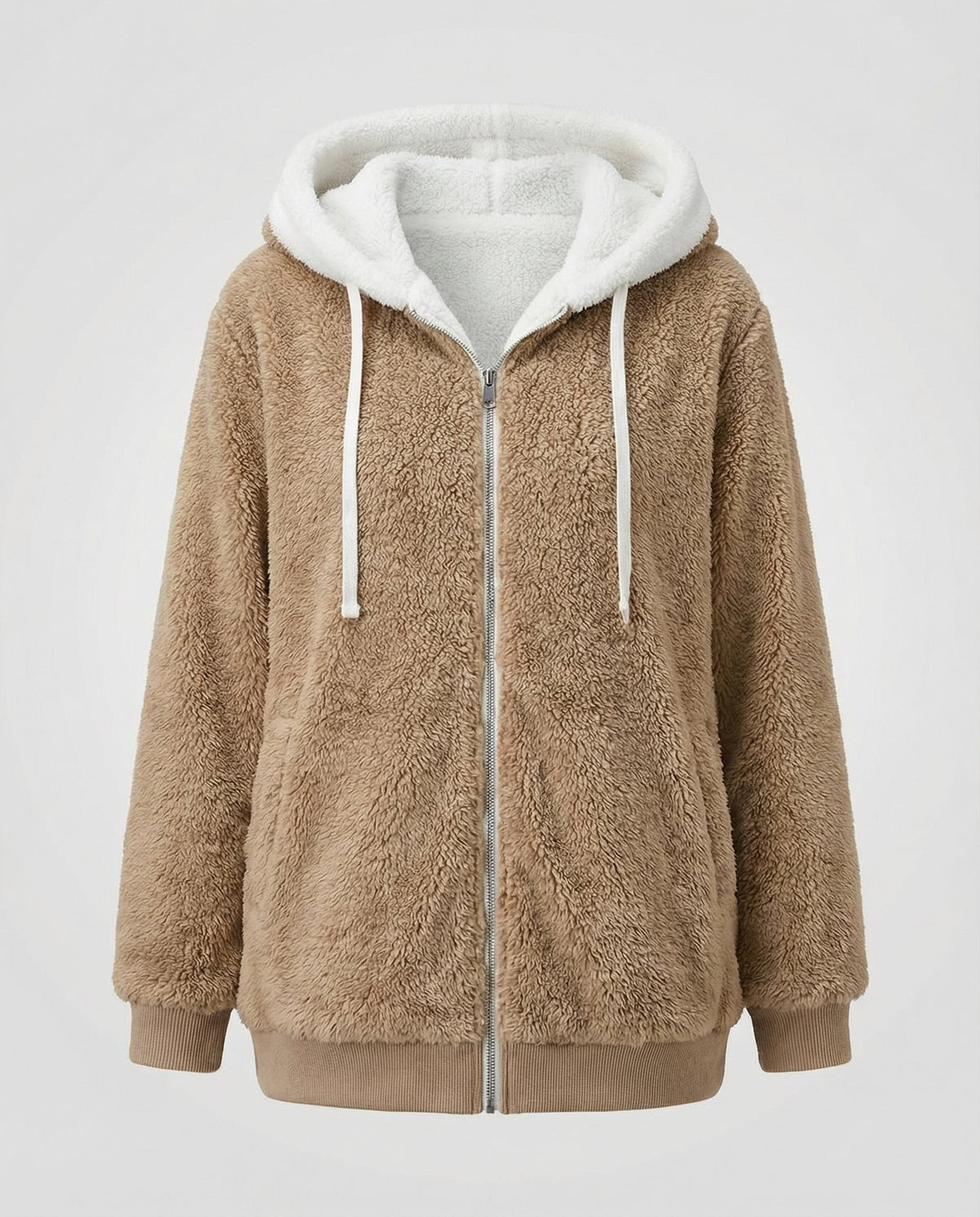 Women's Hooded Sherpa Jacket Full Zip with Drawstrings — Sand — Alfa Empire, view 7