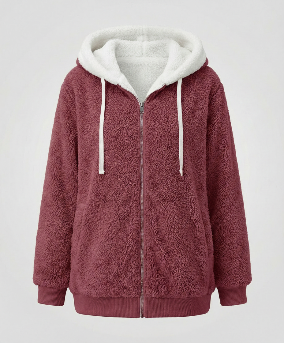 Women's Hooded Sherpa Jacket Full Zip with Drawstrings — Burgundy — Alfa Empire, view 9