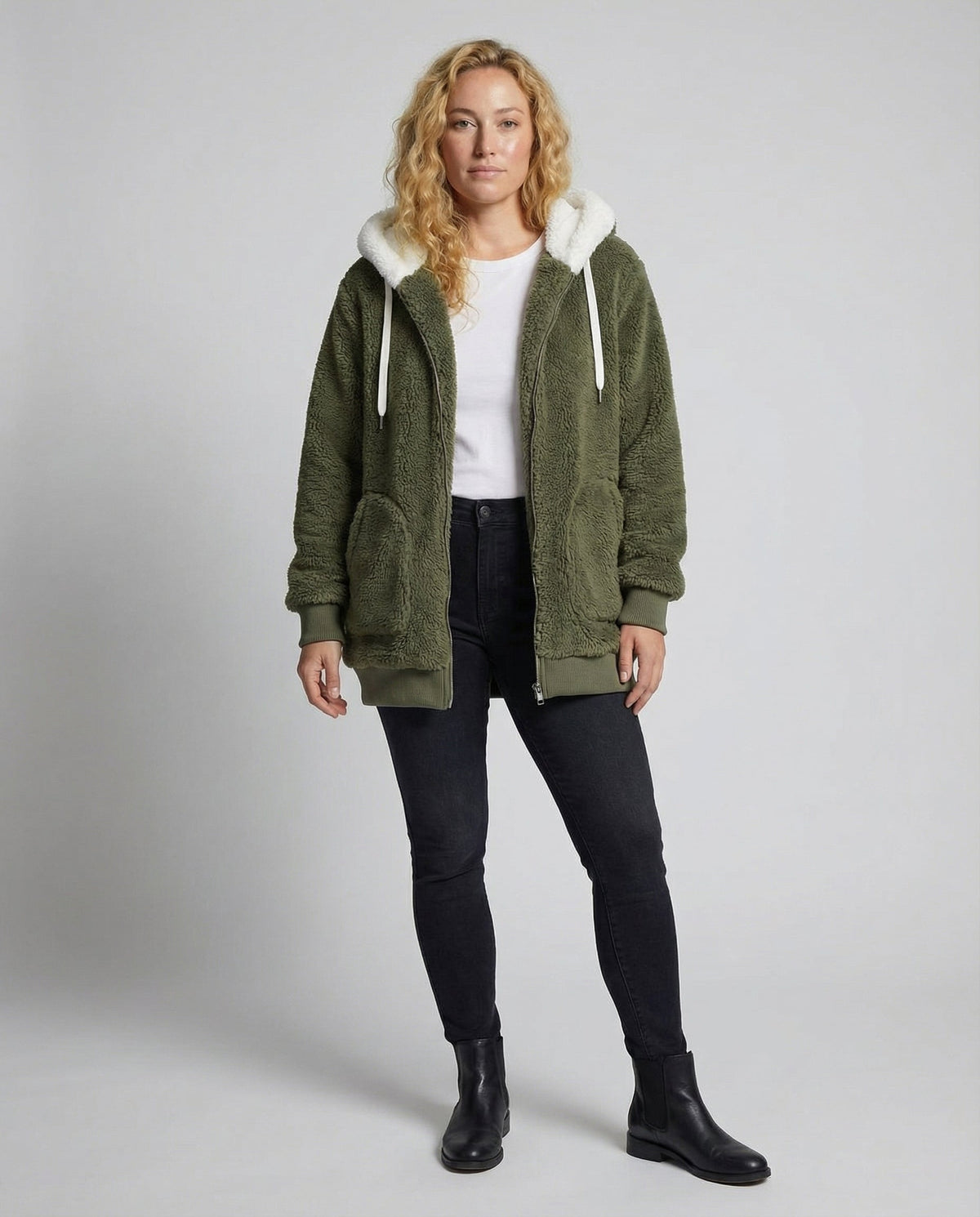 Women's Hooded Sherpa Jacket Full Zip with Drawstrings — Alfa Empire, view 11