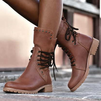 Women's Lace-Up Mid-Calf Boots with Studded Trim — Brown — Alfa Empire, view 1