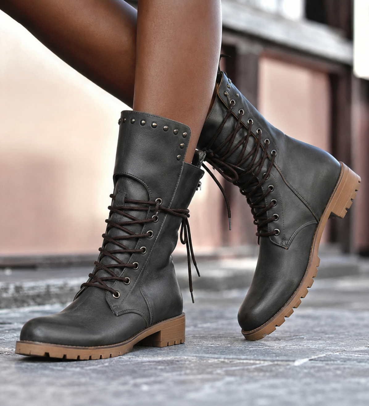 Women's Lace-Up Mid-Calf Boots with Studded Trim — Gray — Alfa Empire, view 2