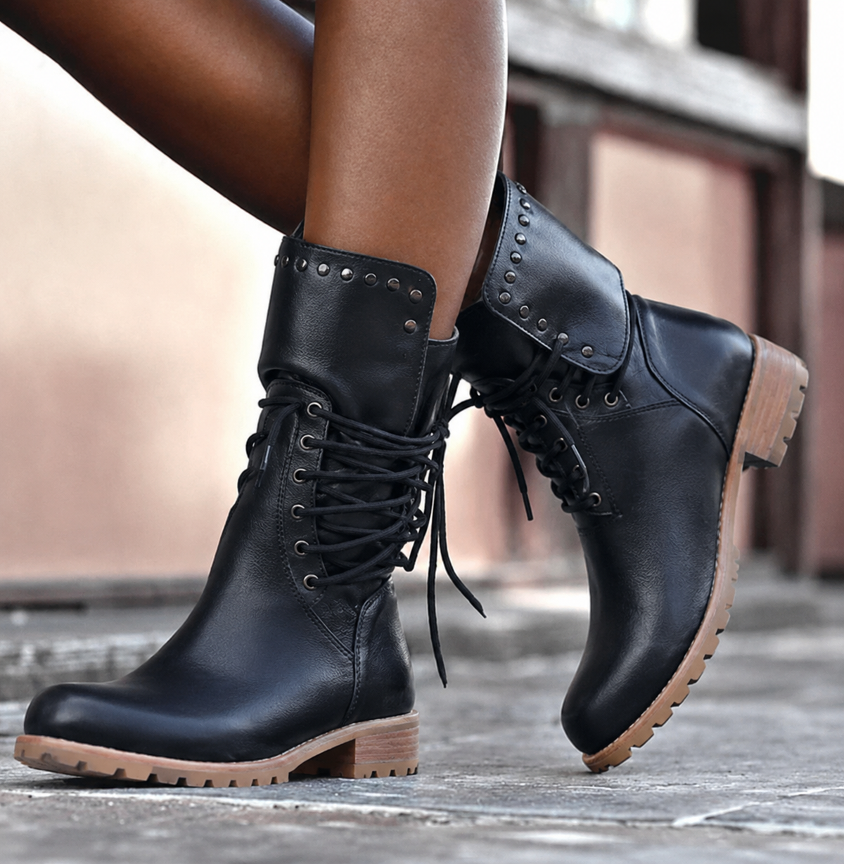 Women's Lace-Up Mid-Calf Boots with Studded Trim — Black — Alfa Empire, view 3