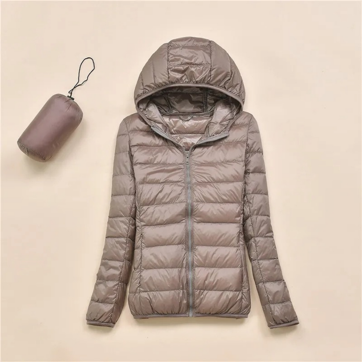 Women's Lightweight Hooded Puffer Jacket for Travel — Brown — Alfa Empire, view 5