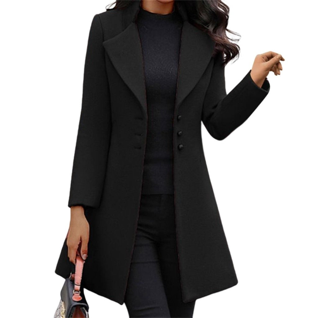 Women's Notched Collar Trench Coat with Button Front — Black — Alfa Empire, view 1
