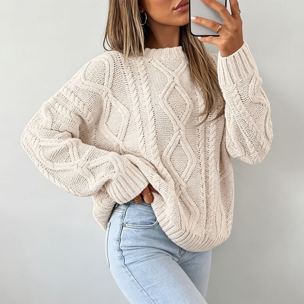 Women's Oversized Cable-Knit Sweater with Crew Neck — Apricot — Alfa Empire, view 1