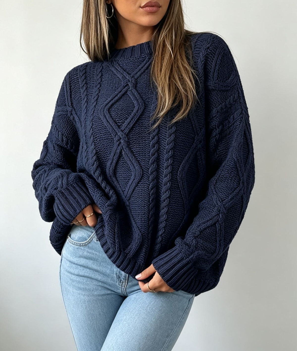 Women's Oversized Cable-Knit Sweater with Crew Neck — Navy — Alfa Empire, view 2