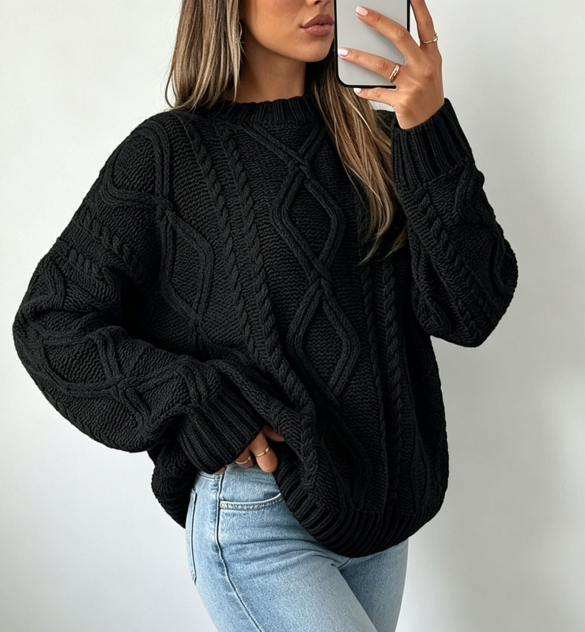 Women's Oversized Cable-Knit Sweater with Crew Neck — Black — Alfa Empire, view 3