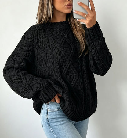 Women's Oversized Cable-Knit Sweater with Crew Neck — Black — Alfa Empire, view 3