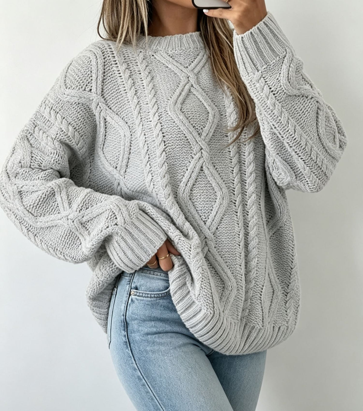 Women's Oversized Cable-Knit Sweater with Crew Neck — Gray — Alfa Empire, view 4