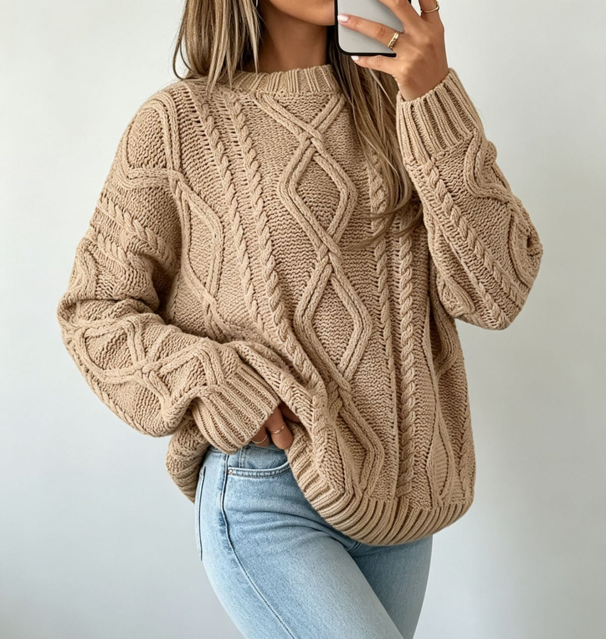 Women's Oversized Cable-Knit Sweater with Crew Neck — Khaki — Alfa Empire, view 6