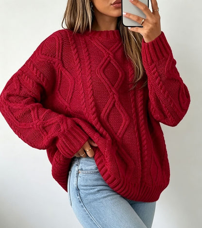 Women's Oversized Cable-Knit Sweater with Crew Neck — Red — Alfa Empire, view 7