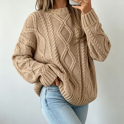 Women's Oversized Cable-Knit Sweater with Crew Neck — Alfa Empire, view 8