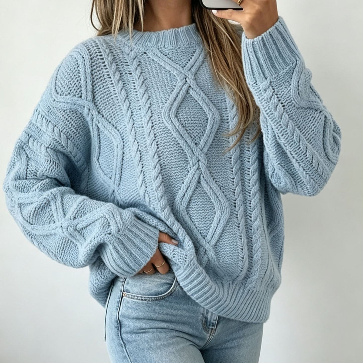 Women's Oversized Cable-Knit Sweater with Crew Neck — Alfa Empire, view 11