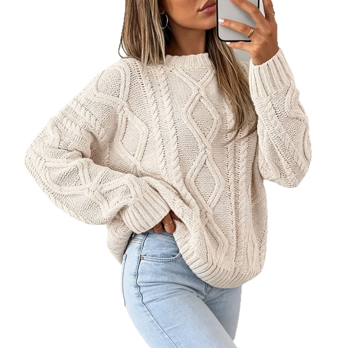 Women's Oversized Cable-Knit Sweater with Crew Neck — Alfa Empire, view 12