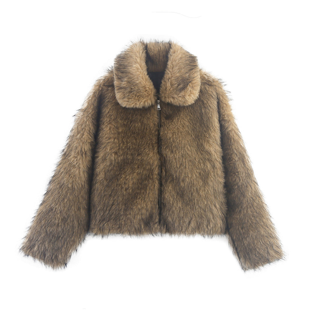 Women's Oversized Faux Fur Jacket with Wide Collar — Brown — Alfa Empire, view 1