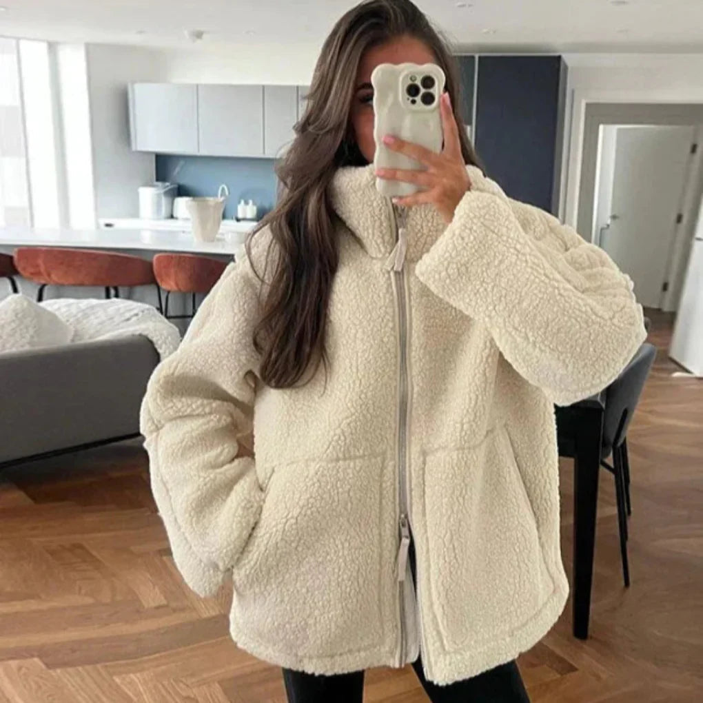 Women's Oversized Teddy Fleece Jacket Full-Zip — Beige — Alfa Empire, view 1