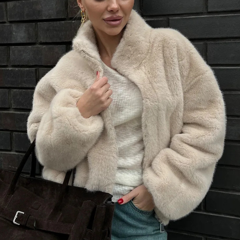 Women's Plush Bomber Jacket with High Collar and Zip Front — Beige — Alfa Empire, view 1