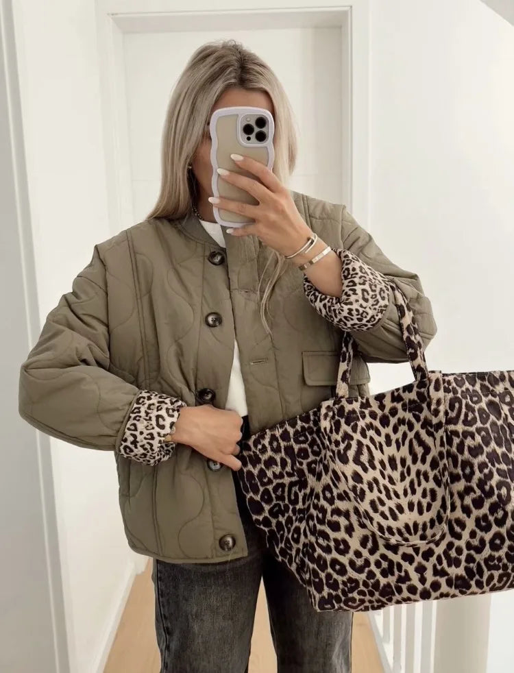 Women's Quilted Jacket with Leopard Print Lining — Olive Green — Alfa Empire, view 1
