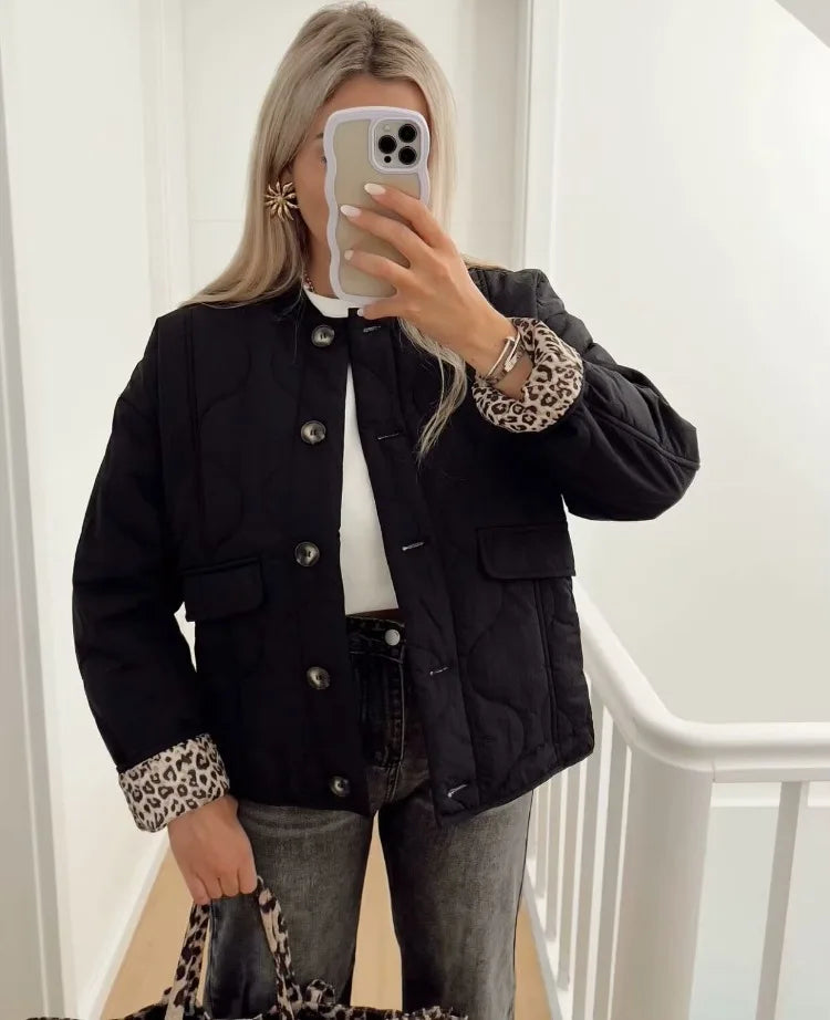 Women's Quilted Jacket with Leopard Print Lining — Black — Alfa Empire, view 2
